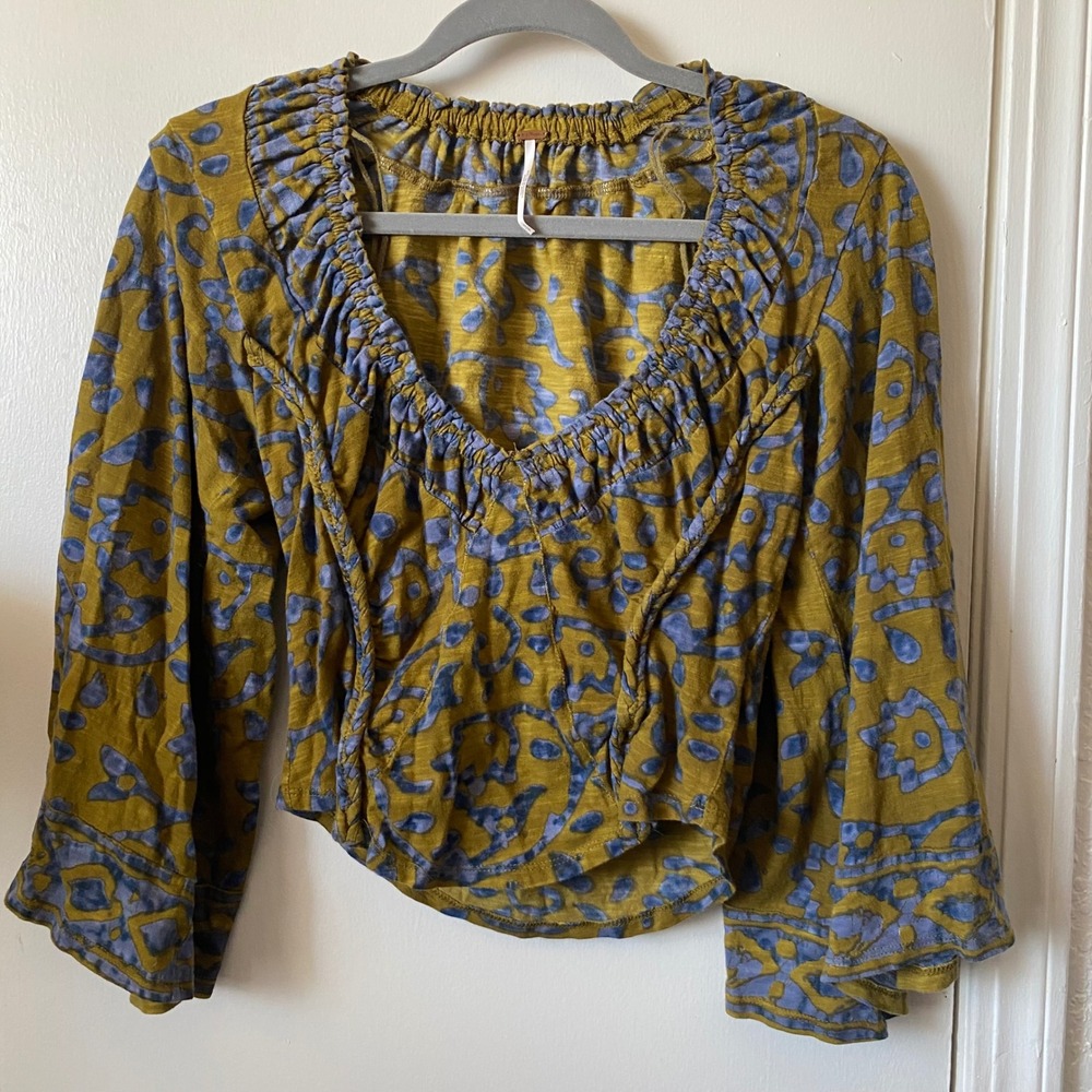 Free People Top Olive Green Blue Bell Sleeve Boho Peasant Blouse S